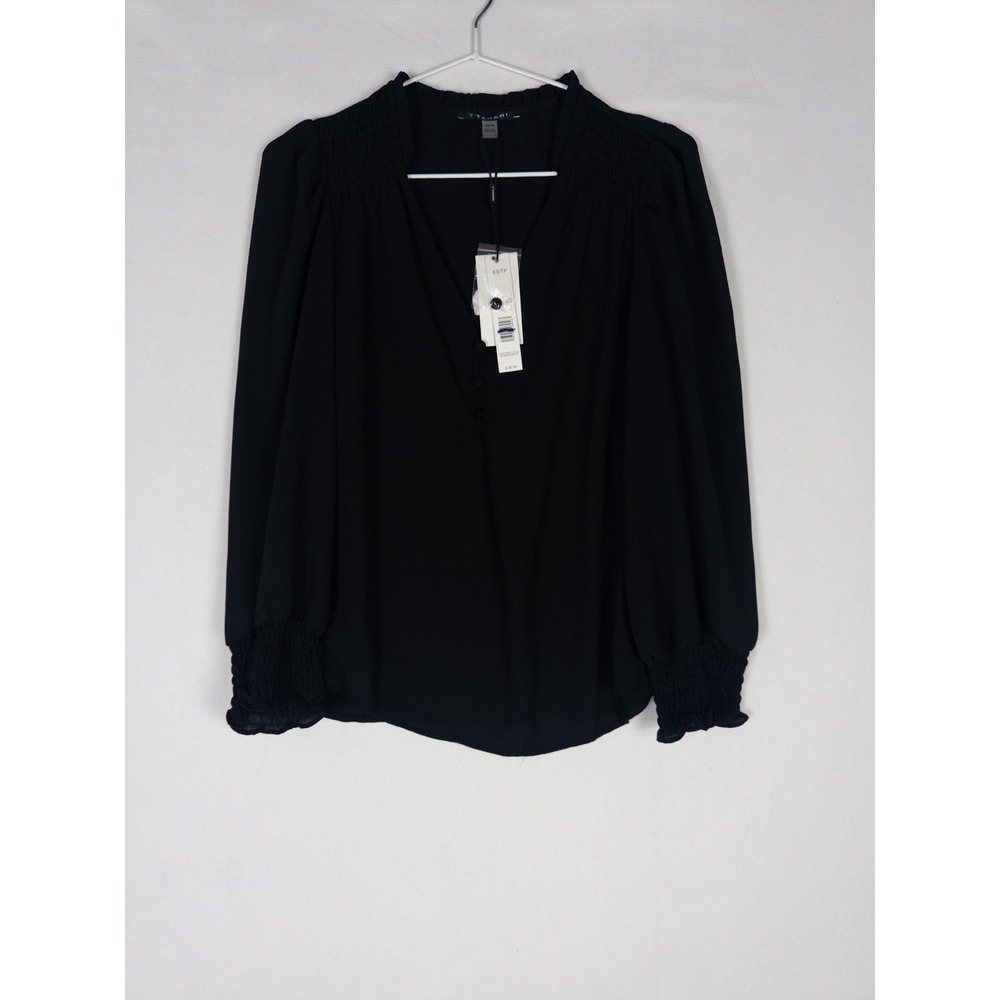 NWT Tahari Blouse Womens XS Black Ruffle Casual Long Sleeve V Neck